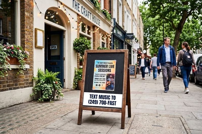 A sidewalk sandwich board advertising a live music night outside a pub