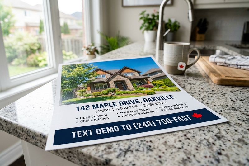 A printed real estate feature sheet with a footer reading Text DEMO to (249) 700-FAST
