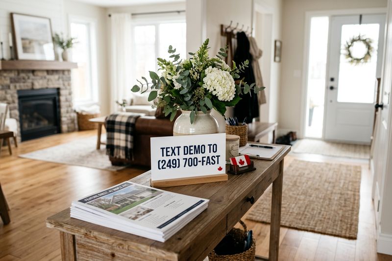 An open house welcome table with feature sheets and a sign reading Text DEMO to (249) 700-FAST