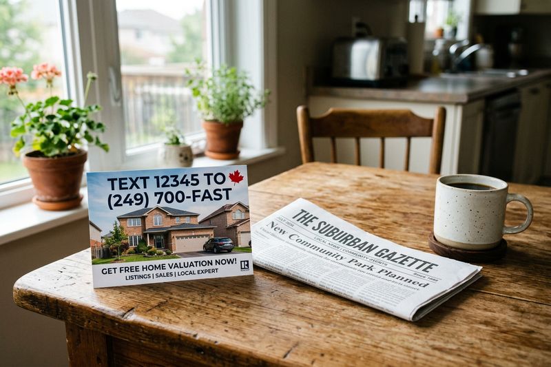 A real estate postcard mailer on a kitchen table with a code reading Text 12345 to (249) 700-FAST