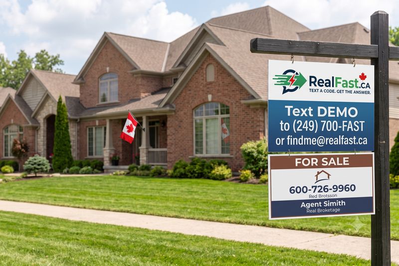 A RealFast.ca code on a For Sale sign in a residential neighbourhood