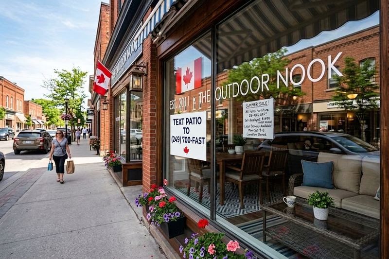 A patio furniture store window with a summer sale sign on a small-town main street