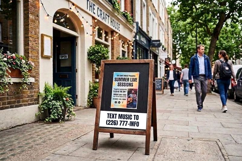 A sandwich board on a sidewalk advertising Summer Live Sessions outside a pub