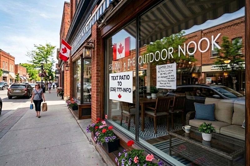 A small-town storefront window with a summer sale sign and patio furniture on display